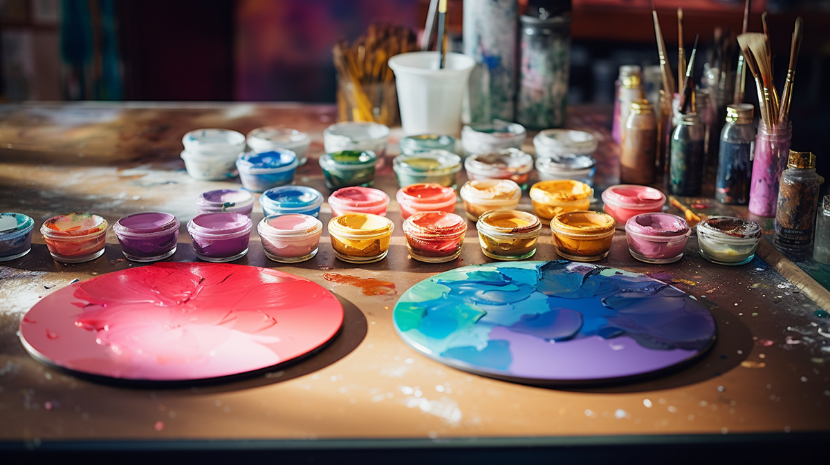paints, paint plates, and paint brushes