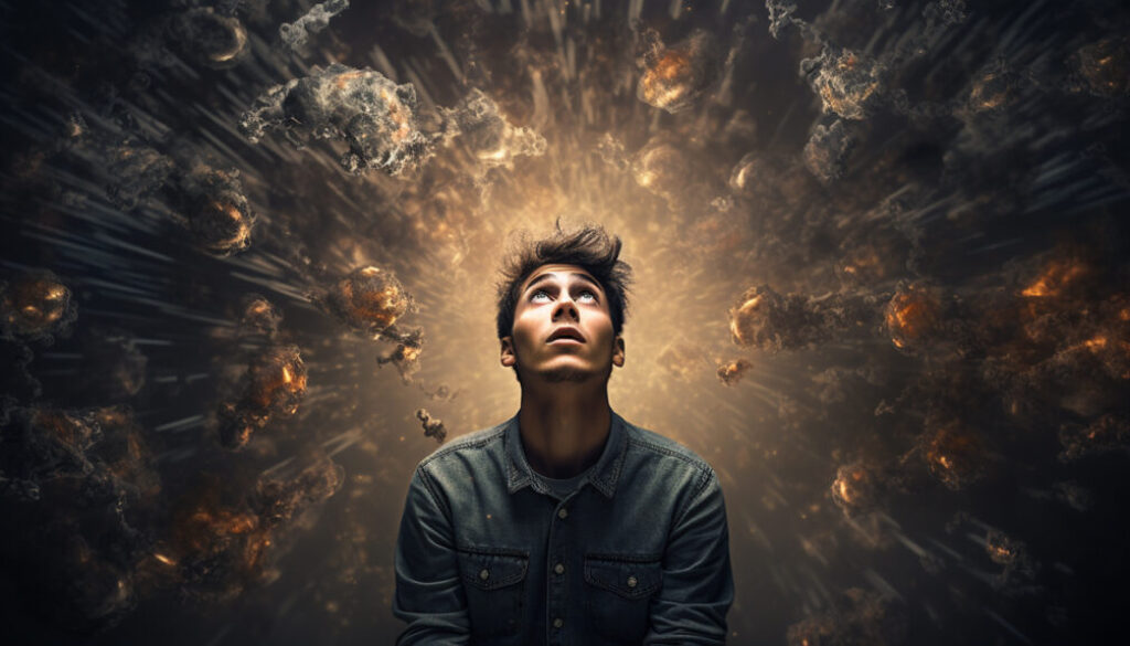 man looking up at dark explosive smoke clouds