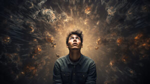 man looking up at dark explosive smoke clouds
