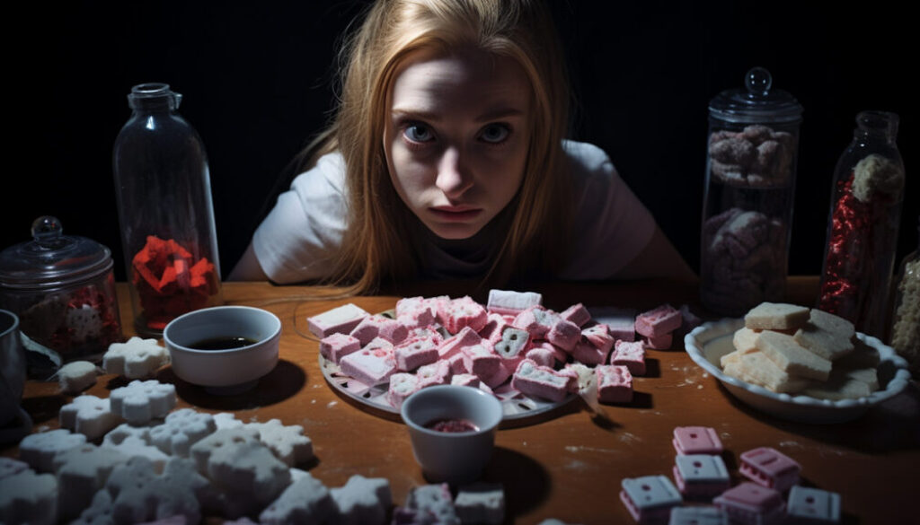 woman sitting in front of table full of sugar foods