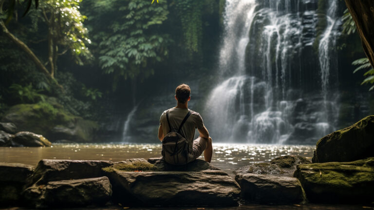 Man relaxing by waterfall