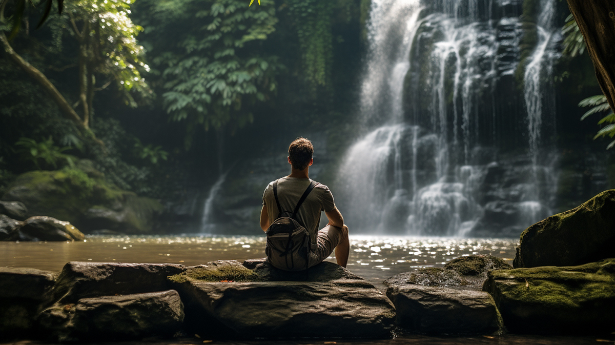 Man relaxing by waterfall